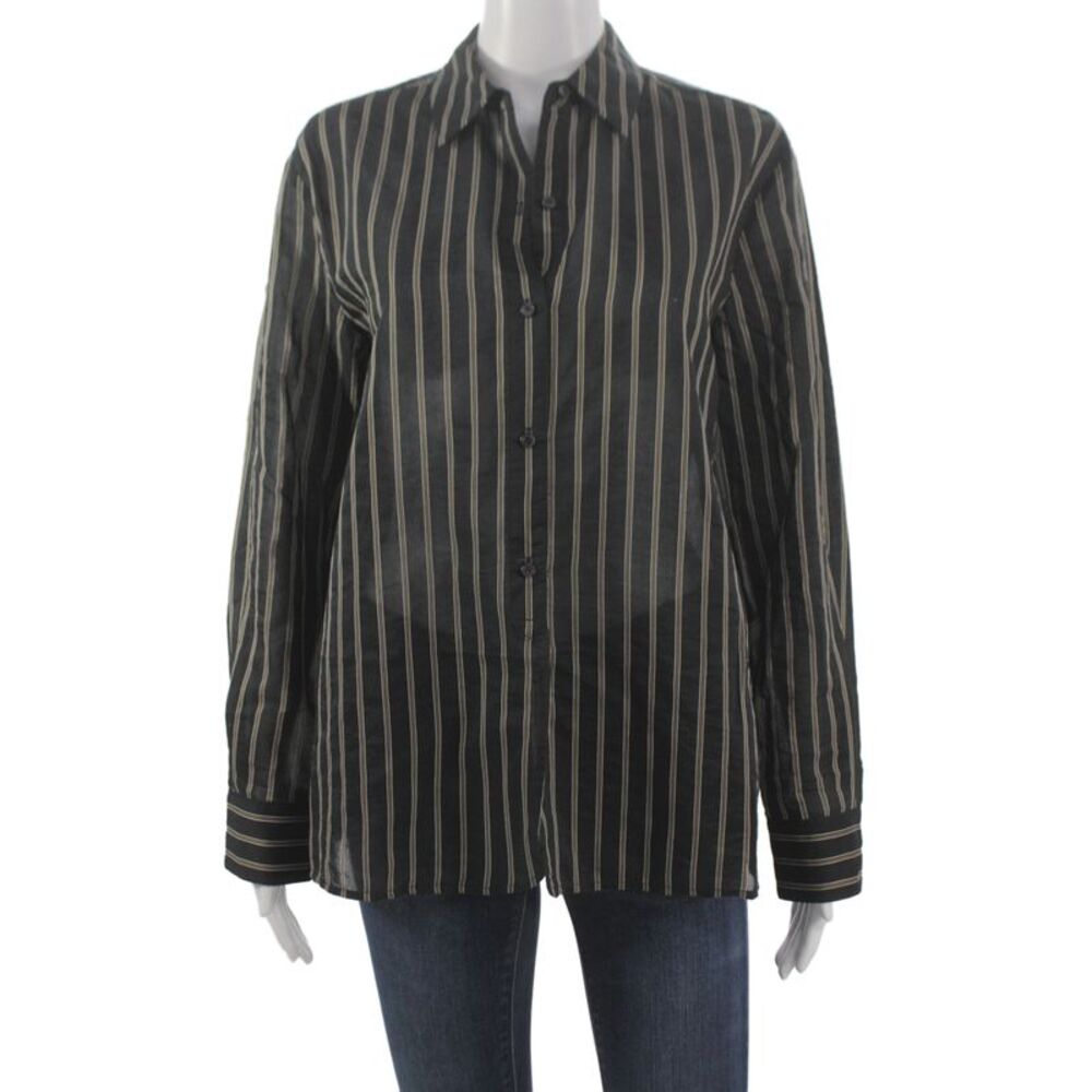Jenni Kayne Women Striped Collared Tunic Button-Up Black Cotton Silk Size XS